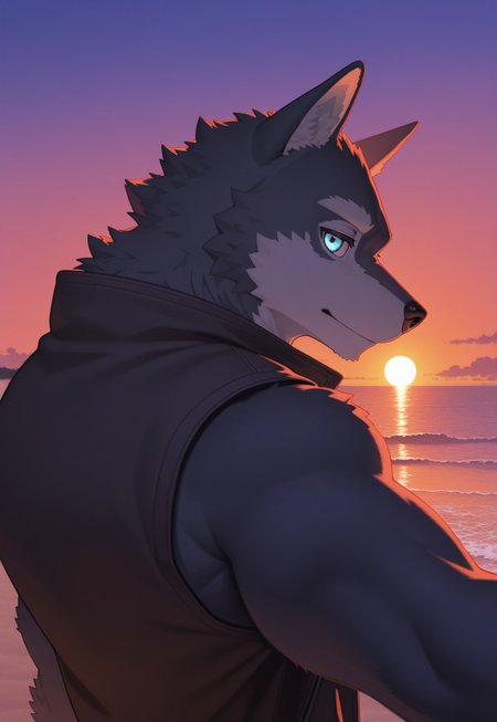 wolf ,solo, furry, male,close up, reaching, upper body, sunset, (sleeveless jacket), looking at viewer, close up, beach, side view,detailed eyes, nice eyes, 

,2024, 2023, 2022, r4cc00n21, masterpiece,best quality,amazing quality,