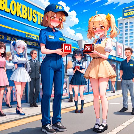 absurdres, explicit, blockbuster, storefront, R18 dvd case, holding, 2girls, a petite female, shy, blush, unhappy, angry, sweat, breasts, parted lips, twintails, short dress, a tall female, pants, employee uniform, height difference, glass wall, full body, road, shoes, signboard, R18 text poster, street, crowd, people, 6+girls, 6+boys, outdoor, sky, cloudy sky, looking down, <lora:girllikeblockbuster_ilxl:1>