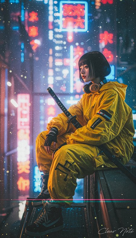 Japanese Culture Style, Emotional Photos, 35mm film, Neo Photorealistic Art Style, Futuristic cityscape, Young Japanese Woman, Wearing futuristic techwear, Neon Street, Holding a katana, Headphones around the neck