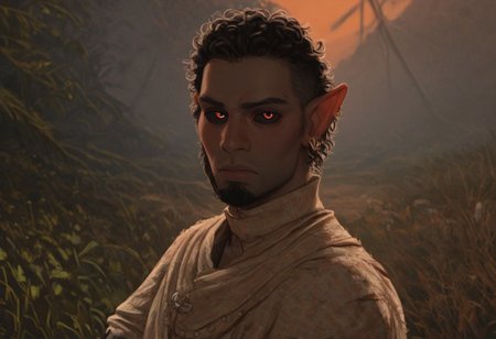 solo, short pointy ears, full body, piercings, random elf face, aquiline features, male dark elf, masculine, facial hair, brow rings, beaded piercings, weathered skin, blue-grey skin, chiseled features, large nose, insect chitin armor, insect chitin helmet, insect chitin ornaments, stylized insect pattern, athletic build,  animated realism, zoomed out, Syrian features, torso, yurts, tents, native camp, elegant berber tapestries, dead desert trees, ash dunes, distant volcano, ashy soil, grey green foliage, distant grey hills, sunrise, gloomy lighting, grey fabric awnings, dark wood posts, light dust clouds, grey-blue skin, grey skin, mahogany and ivory clothes, medium armor, bone plate armor, ivory straps and fittings, alien bone ornaments, grey wood neckguard, dark red sclera, black pupils, blue-green light, neon, highly detailed, defined features, looking at viewer, three quarters view, from side, dynamic lighting, 29 years old, light and shadows, patterned cloth, annoyed expression, expressive eyes, detailed medieval clothes, short hair, wavy hair, thick hair, beaded hair, braided hair, under cut hair, semirealistic, alien elf, spanish features, jewish features, black hair, dark red hair, umber skin, sharp features, pastel green inuit print cloak, nighttime, high detail, absurdres, pretty eyes, detailed eyes, red eyes,