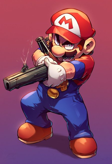 1girl, cartoon style ,anatomy hyporpolisation, ,score_9,score_8_up,score_7_up,score_6_up,score_5_up,score_4_up, Mario, shotgun in bouth arms, red eyes, buff muscule, angry face, blood on face, dark theme, scaret litte goomba, full body view, epic view.
