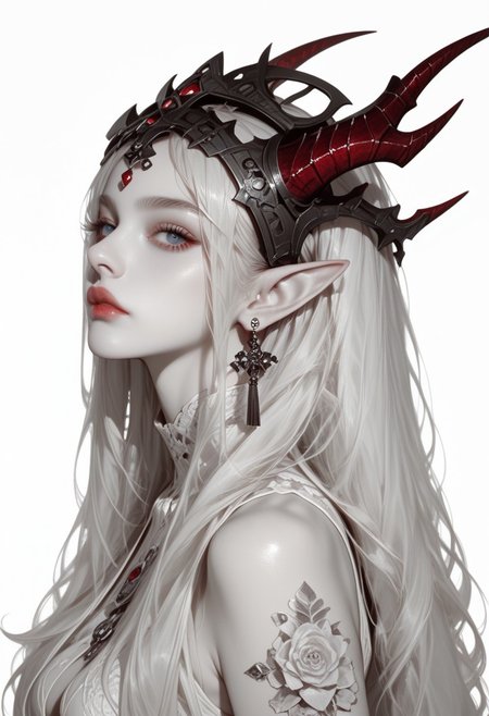 Expressiveh, morimee_style, jsyu_style, 2025. 05, 
(1girl, solo), masterpiece, best quality, newest, highres, absurdres, focused subject, no lineart, no outline, detailed, spot color, red horn, long hair, looking at viewer, blue eyes, simple background, white background, closed mouth, jewelry, bare shoulders, upper body, white hair, earrings, horns, pointy ears, colored skin, arms at sides, headpiece, scales, castle, monochrome, negative space, blending, white theme, minimalism, from side