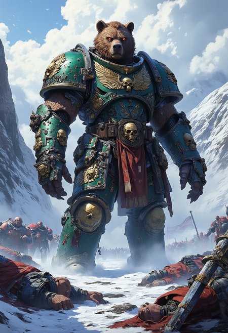 ((Dark fantasy art)) 
The image depicts a massive, humanoid bear standing in a snowy battlefield. The bear is dressed in dark fantasy armor and adorned with skulls, chains, and furs. Its imposing size and fierce expression suggest a dominant warrior. Surrounding the bear are fallen soldiers and debris, giving the impression of a fierce battle. Snow-covered mountains and a cold, stormy sky form the background, enhancing the dark, brutal atmosphere of the scene.