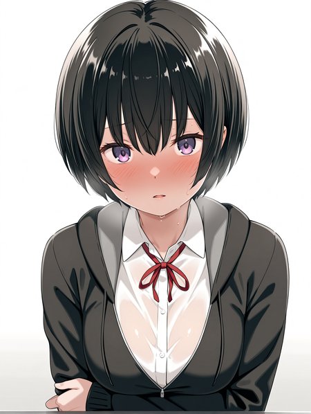masterpiece,best quality,newest,
1girl,solo,
<lora:k_short_ilxlv1.2:1>,k_short,black hair,bob cut,purple eyes,hair between eyes,
white shirt,red ribbon tie,black jacket,school uniform,
<lora:Fixhands_anime_bdsqlsz_V1:1>,upper_body,(white_background:1.3),sweat,embarrass,hand on own elbow,looking_at_viewer,parted lips,light_blush,