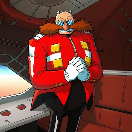 Dr Eggman, Eggman, 1boy, solo, gloves, glasses, white gloves, facial hair, round eyewear, glasses shine, mustache, bald, chubby, red military jacket, evil grin, HD, 8k, high quality, ((intense shading)), ((cinematic)), gradients, ((airship interior background)), perfect anatomy, shaded face, teeth, evil eyes, EasyMalePortrait, hands together, perfect hands, ((highly detailed, masterpiece, perfect)), dadbod, broad shoulders, muscular biceps