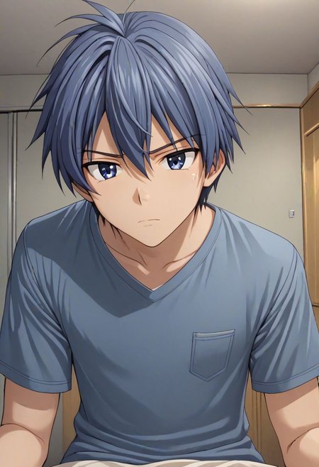 high resolution, solo, best quality, 1Boy, Tomoya Okazaki, Grey Blue Hair, kabedon POV, T-Shirt, OverallDetail