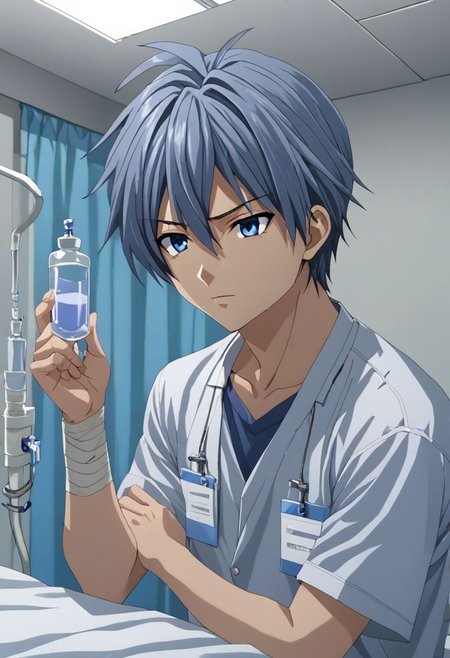 high resolution, solo, best quality, 1Boy, Tomoya Okazaki, Grey Blue Hair, bandage, patient, hospital, OverallDetail