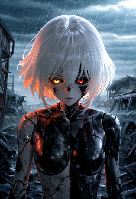 HDR, 8K, high contrast, masterpiece, best quality, amazing quality, very aesthetic, superabsurd res, high resolution, ultra-detailed, absurdres, newest, scenery, (horikoshi kouhei:0.3), (quasarcake:0.3), (wlop:0.3), light rays, chiaroscuro, dynamic angle, close up, upper body, fts_(A.D.A. TYPE-00), 1girl, android, cyborg, damaged, cracked skin, pale skin, white skin, colored skin, dirty, doll joints, cyborg, heterochromia, red eyes, yellow eyes, split theme, colored sclera, black sclera, short hair, (white hair), medium hair, bangs, hair between eyes, lifeless, looking down, looking away, expressionless, outside, overcast, junkyard, cloudy, raining heavily, fog, stardust, partially illuminated, (backlighting), Intricately designed, Mysterious Shadows, BREAK, photorealistic, beautiful detailed eyes, detailed skin, detailed hair, volumetric lighting, dappled light, light particles, dramatic shadows, cinematic lighting, photo background, depth of field, <lora:ponyxl\cfg_scale_boost:0.8> <lora:IL\KMS_FTS_A.D.A._IL-000007:0.8>