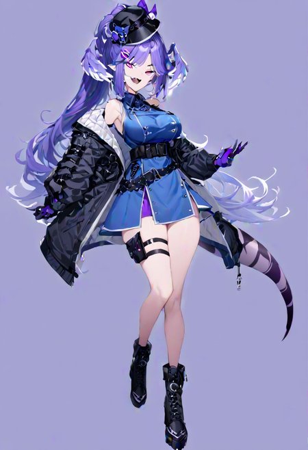 masterpiece, best quality, ultra-detailed, beautiful, nai3, 1girl, solo, full_body, tachi-e, 
selen tatsuki, boots, dress, tail, dragon tail, hat, blue dress, official alternate costume, dragon girl, sleeveless, ponytail, belt, smile, gloves, long hair, breasts, open mouth, very long hair, thigh strap, simple background, hair ornament, jacket, bangs, hairclip, fang, wings, black footwear, looking at viewer, black belt, pointy ears,