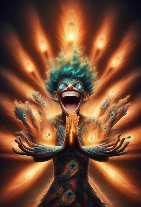 Peacock, sparkle eyes, smile, excited, masterpiece, best quality, good quality, newest, (fire out of hands), explosion, crazy, creative