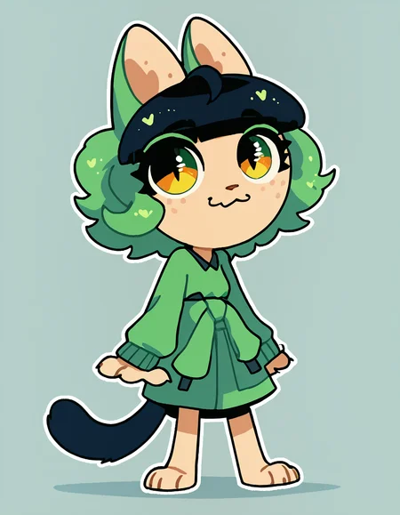 solo, 1girl, 
 <lora:Sourpuss:1>  sourpuss, freckles, green hair, two tone hair, multicolored hair, animal ears, cat ears, cat tail, tail, chibi,              clothes around waist, barefoot, green hoodie around waist,, score_9, score_8_up, score_7_up, score_6_up, score_5_up, score_4_up,  lazypos, lazyup, masterpiece,best quality,amazing quality,, <lora:The-Minuscule-Task_PDXL_v1.0:0.6> <lora:PDXL_artist_tags_v2_big:0.5> by remanedur,<lora:JayrnskiStyle:1> JayrnskiStyle, source_furry, toony, outline, white outline,