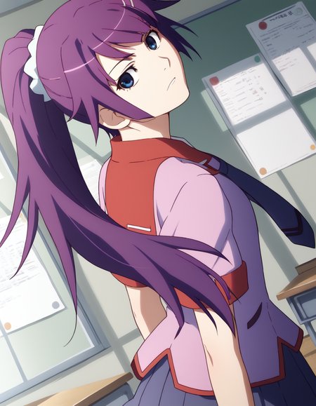 score_9, score_8_up, score_7_up, source_anime,
hitagisenjougahara, <lora:hitagi-senjougahara-anime-ponyxl-lora-nochekaiser:1>,
hitagi senjougahara, long hair, bangs, ponytail, sidelocks, scrunchie, blue eyes, purple hair,
skirt, thighhighs, school uniform, necktie, black thighhighs, zettai ryouiki, naoetsu high school uniform,
indoors, classroom, <lora:shaft-look-ponyxl-lora-nochekaiser:1>, shaft look, looking back, from behind, head tilt,  
ing at viewer, cowboy shot, dutch angle,