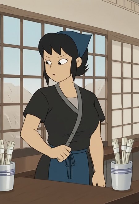 score_9, score_8_up, score_7_up, source_anime, anime screencap,  kazumi watanabe, 1girl, solo, black hair, short hair, black eyes,large breasts, apron, japanese clothes, kimono, black shirt, shirt,head scarf,short sleeves, indoor,