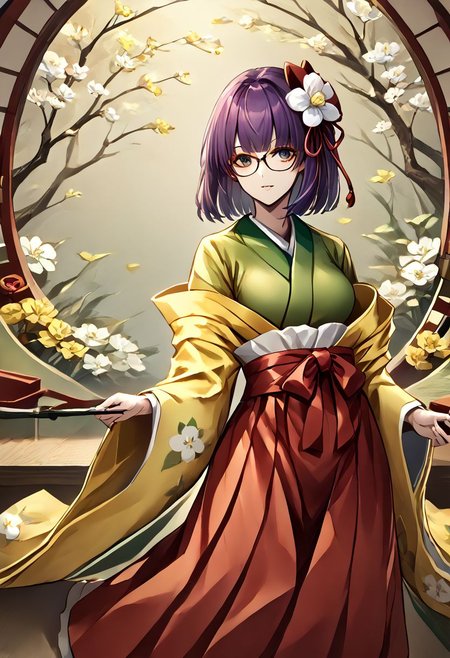 1girl, akyuu, hieda_no_akyuu, bespectacled, glasses, hair_flower, green_kimono, long_sleeves, wide_sleeves, white_flower, red_skirt, yellow_kimono, floral_print, 
masterpiece, best quality, very aesthetic, absurdres,