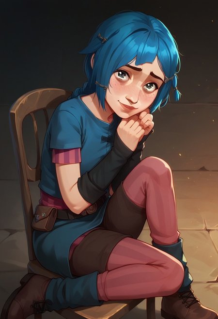 score_9, score_8_up, score_7_up, score_6_up, score_9, score_8_up, score_8, ultra detailed, semi realistic, 1 girl, solo, 
PowderJinx, blue hair, cutting hair, asymmetrical bangs, bangs, hairclip, hair ornament, short hair, single braid, side braid, braided ponytail, grey eyes, freckles,
shirt, blue shirt, short sleeves, striped sleeves, pink sleeves, arm warmers, black arm warmers, blue skirt, showgirl skirt, skirt, belt, pants, brown pants, short pants, leggings, pink leggings, leg warmers, blue leg warmers, shoes, brown shoes,
siting on chair, smiling, hands on chest, shy expression, blush, red face, looking at viewer,
