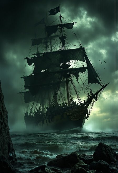 masterpiece, a pirate ghost ship, tattered rigging, tattered black sails, jolly roger flag, materialises from the mist, HD32K, wallpaper, hyperdetailed, mythp0rt, ArsGreenMistWorld, ArsMJStyle, dnddarkestfantasy