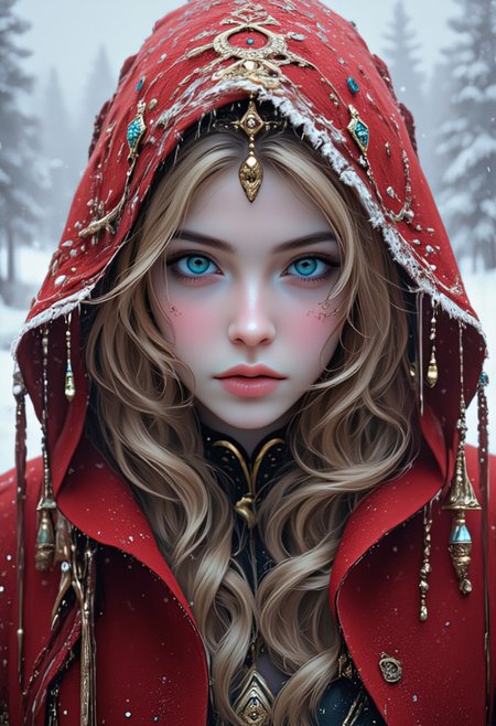 score_9, score_8_up, score_7_up, realistic, elle, long blond wavy hair, Captivating cinematic close-up of a mysterious, hooded female figure in front of a cold and open snowy landscape. red cape. fine detailed fabric structures.  golden ornaments. Hood. peek out.  intensive. snowy veil. mystical atmosphere.  snowy atmosphere in the background. complex details, small perky breasts, 18 years old, sexy, erotic. vivid color, Elle, k4s4,  Midjourney style