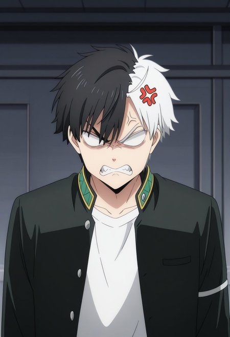 masterpiece,best quality,amazing quality, source_anime, 
sakuharuka, 1boy, male focus, solo, blank eyes, split-color hair, black hair, white hair, school uniform, jacket, black jacket, open jacket, shirt, white shirt, angry, anger vein, parody,