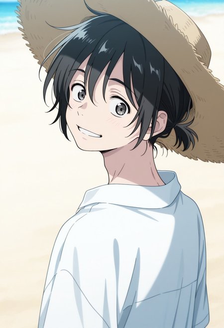 masterpiece,best quality,amazing quality, source_anime, 
MioChibana, 1boy, male focus, solo, black eyes, black hair, short ponytail, straw hat. smile, happy, beach, white shirt, from behind, looking back,
