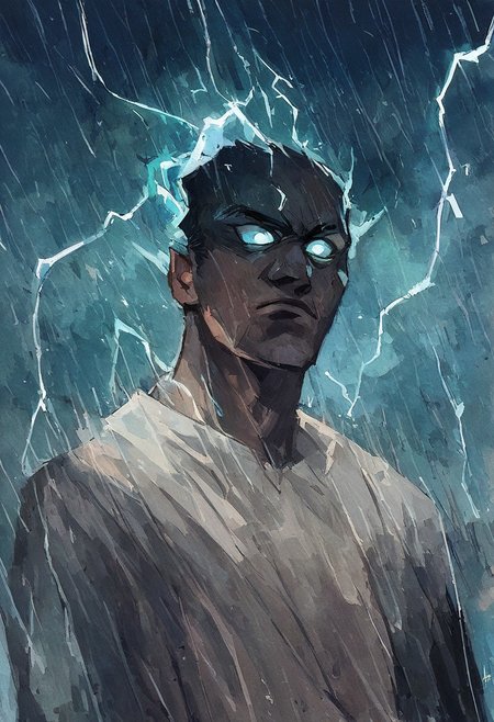 score_9, score_8_up, score_7_up, score_6_up, 1boy, watercolor painting, cowboy shot, man filled with electricity, white glowing eyes, lightning
serious look on face, eye contact, 
expressive,
outside, rain, blue glowing background
black linework, storm clouds