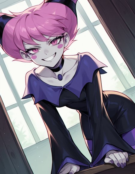 score_9, score_8_up, score_7_up, source_anime, <lora:jinx-dc-ponyxl-lora-nochekaiser_r1:1>, jinx, jinx (dc), colored skin, grey skin, hair horns, pink eyes, pink hair,, choker, long sleeves, pantyhose, striped clothes, striped pantyhose, black dress, wide sleeves, collarbone,, indoors, bent over, smile, smug, looking at viewer, solo,, cowboy shot, dutch angle