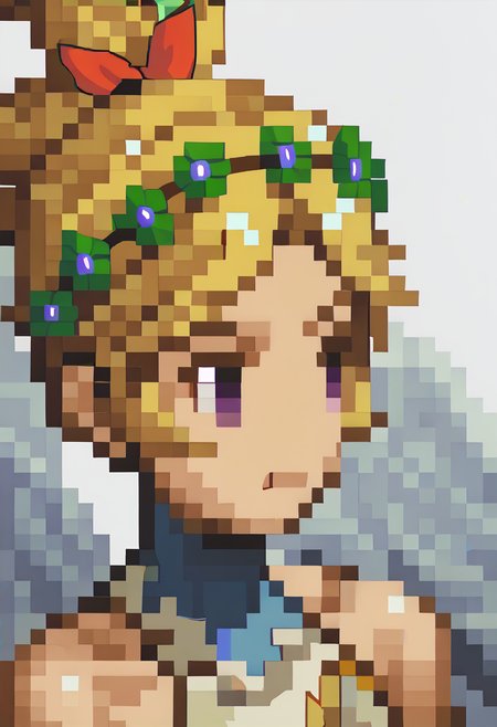 score_9, score_8_up, score_7_up, source_anime, 1girl, <lora:FF-Tactics-Portraits-pdxl_Fp:1> simple background, portrait, pixel art, <lora:zs_DemeterXL:1> demetersmt, blonde hair, ponytail, head wreath, purple eyes, bare shoulders