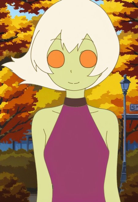 anime, 1girl, solo, elle, white hair,purple halterneck,dark orange eyes,no pupils,green skin smiling, in park, spring
