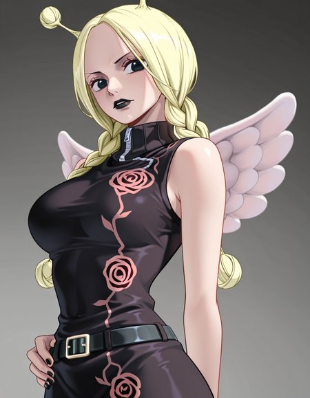 1girl, conis, black turtleneck dress, black belt, wings, blonde hair, antenna hair, twin braids, black eyes, black lips, black nails, looking at viewer, cute,  <lora:Conis_ill_v6:1>, very awa, masterpiece, best quality, newest, highres, absurdres,