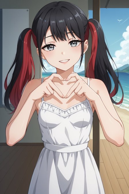 score_9, score_8_up, score_7_up, source_anime, 1girl, prefect lighting, very aesthetic, intricate details, highly detailed background, masterpiece, high quality, prefect hands, best quality, solo,
<lora:Nowa_Dress_up_Darling_V1:.85>, KJOnowa, black hair, multicolored hair, grey eyes, bangs, twintails, 
<lora:Heart_Fingers__Concept_Lora-000007:1>, heart fingers, heart hands,
white sundress, smile, half-closed eyes, parted lips,
Sunny, room, inside, beach, sea, mountains in the background,
(Beautiful, small Breasts:1.2), natural breasts,