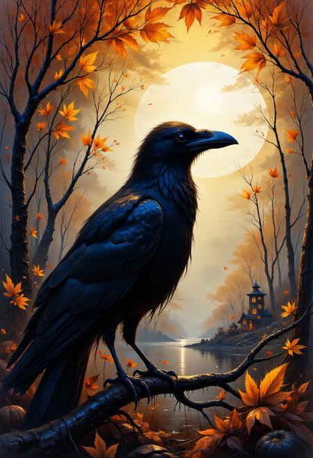 The artistic masterpiece in front of you is a stunning photograph of an abstract painting that beautifully captures the essence of Cyberpop and Romanticism art styles. The surreal image features a raven, symbolizing wisdom and mystery, perched on a branch amidst an autumnal landscape with a Halloween twist. The background is adorned with colorful leaves arranged in a graceful pattern, enhancing the dreamlike quality of the scene.  The focal point of the artwork lies in the mesmerizing play of shadows and light, skillfully crafted by the artist. The short lighting with an aperture of F/1.8 adds to the ethereal effect, resulting in a photograph that is both beautiful and thought-provoking.  The composition of the image creates a sense of depth and movement, drawing the viewer deeper into the world of the artist's imagination. The use of bold colors and striking contrasts further enhances the emotional impact of the work, inviting the viewer to explore their own feelings and thoughts.  Overall, this breathtaking image embodies the spirit of Howard Hodgkin and Paul Gauguin, while standing out as a unique and innovative expression of contemporary art. Its aesthetic appeal is complemented by the technical excellence that went into capturing it, making it a true masterpiece that will leave a lasting impression on all who behold it. ,<lora:we_fairy_flux.safetensors:0.8> ,