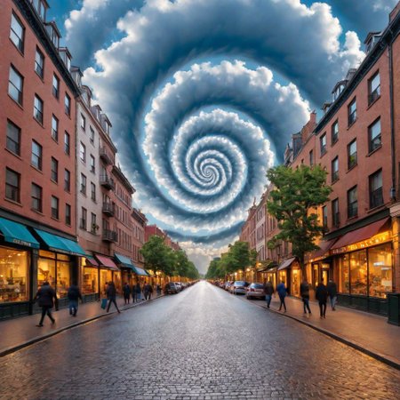 a view of a city street with clouds above, (Light Spiral Effect blends the whole image)