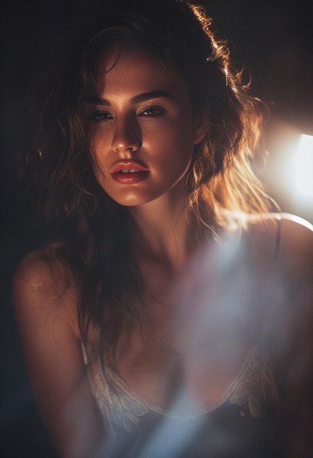 (Misterious mood Soft Lighting Photography), TWbabeXL01 irresistibile beautiful (20yo woman), close-up,  italian  girl , light smirk,  full lips, skin texture, skin grain, long  dark mixed colors hair,  crop top, deep cleavage, feathered lighting, light and shadow, elegance, harmony, 8K, best quality, masterpiece, an extremely delicate and realistic portrait, fashion magazine style, suspended expression , great lighting, perfect shading, professional shading, light reflections and flare, shallow depth of field, dark background, uncropped, detailed eyes, professional makeup , modern styled, perfect face, perfect teeth, cute, beautiful, perfect beauty, amazing beauty, pure genius, absolutely perfect, gentle, highly detailed, breathtaking, ((Photo Focus, DOF, Aperture)), very elegant, detailed skin, high-budget professional color grading,  uncensored, dof background, OverallDetailXL