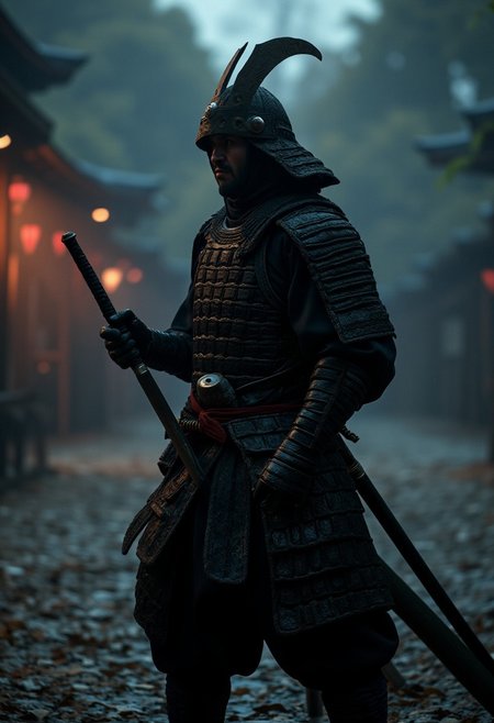 hyper-realistic, 4k, hdr, increase image resolution, reduce image noise, high quality render, hard focus, smart sharpen, at night, rain, taking katana out of sheet, fighting pose, samurai warrior in battlefield, all black armour,