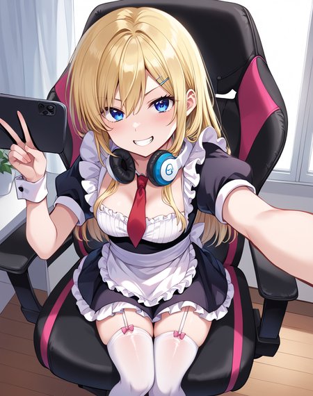 arisugawa_hakua, blonde hair, long hair, blue eyes,  maid uniform, usagidon clothes, frills, wrist cuffs, red necktie, pink bow,   apron,  maid, holding, thighhighs, headphones around neck BREAK indoors, gaming chair BREAK selfie, from above, grin, v, sitted on gaming chair BREAK score_9, score_8_up, score_7_up, source_anime ,zPDXL, <lora:Arisugawa_Hakua:0.8>