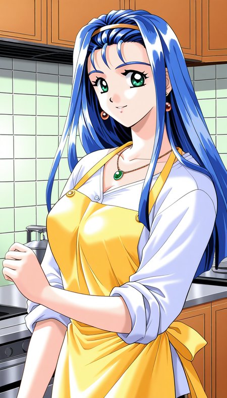 general,highres, ultra-detailed,very aesthetic,best quality ,best hands,  BREAK <lora:Yamashita_Minatsu_IS:1>YamashitaMinatsu, 1girl,solo, blue hair, long hair, hairband, jewelry, green eyes, earrings, large breasts, 1990s (style), 
1girl, solo, Yellow apron, smile, shirt, white shirt,  looking at viewer, blue eyes, sleeves rolled up, necklace, upper body, 
kitchen,
down arms,
