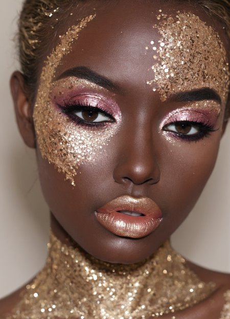 glitterstyle,face, lipstick, eyeshadow, make-up, highly detailed, dark skin, wild, 
 <lora:GlitterStyle_sdxl:0.8>
