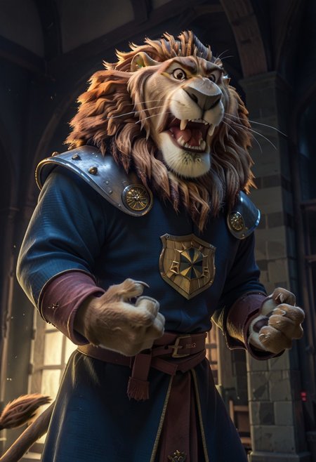 score_9, score_8_up, score_7_up, 
rating_safe, looking at viewer, 
roaring, action pose, (angry), action lines, view from below,
Lionheart, furry male, solo, lion, brown fur, brown eyes, whiskers, lion tail,
medieval armor, fuschia robes, heart shield, 
medieval castle, hall, columns, cobwebs, indoors,  ((night time)),  warm lighting,