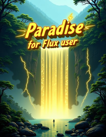 thick wide waterfall emitting obscene amounts of yellow lightning in idyllic rainforest landscape with trees emitting yellow lightning , on top of image floating text "Paradise for Flux user" with yellow lightning bolt symbol, <lora:flux\Textimprover-FLUX-V0.4.safetensors:1.0:1.0>