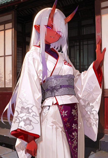 masterpiece, best quality, good quality, newest, highres, absurdres, volumetric lighting,gradient color,
BREAK 
raytracing, volumetric lighting, ambient occlusion, girl, 
BREAK
Aka-Oni, oni, colored skin, (red skin:1.3), straight horns, solo, long hair, model style,
 evil eyes, evil, bullying, sinister, 
purple eyes, eyes visible through hair, turtleneck shirt, white kimono, red trim, (floral print:0.8), long sleeves, wide sleeves, grey sash, purple waistband, long skirt, white pants, upper body, standing, east asian architecture, outside, looking at viewer, shiny skin, masterpiece, best quality, amazing quality, very aesthetic, absurdres, newest, scenery