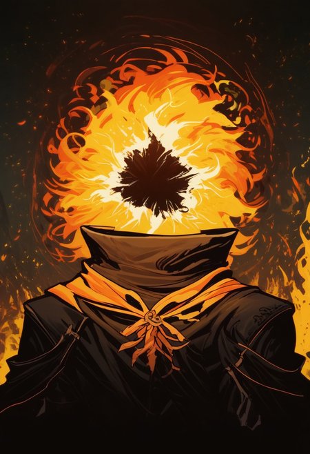score_9, score_8_up, score_8, score_7_up, score_7, score_6_up, score_6, score_5_up, Score_5, lord_of_frenzy, headless, novakin, (faceless, no eyes, no mouth, no nose, no facial features:1.3), (short fiery yellow orange hair, body made of black plasma:1.2), black robes, hood,  vox machine style, 1boy, male focus, solo, portrait, dark foreboding background, fantasy, (dynamic lighting:1.1) ((masterpiece))