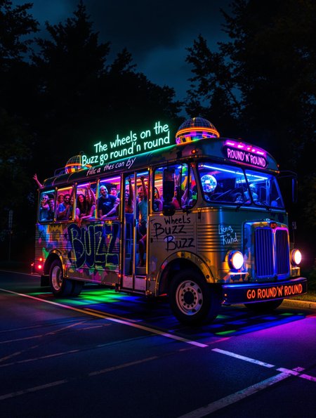 an old bus converted to a disco full of partying people is driving on the road. It has a disco ball inside and there's a lot of neon lighting underneath. On the side of the is spraypainted "The wheels on the Buzz go round'n'round"