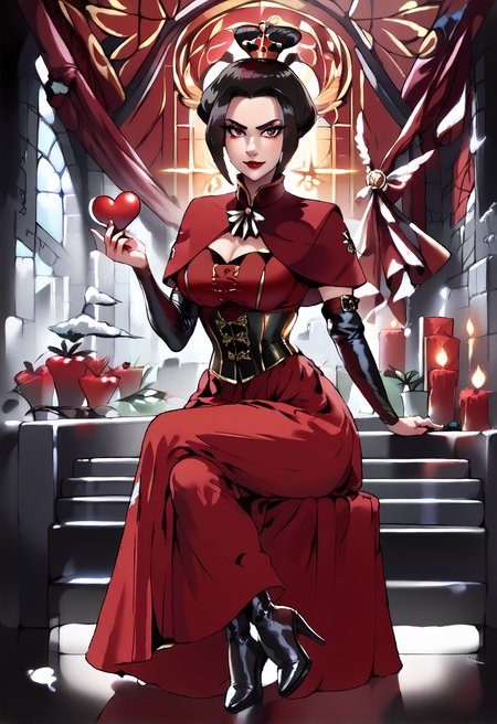 noir, 2d, full body view, gothic background, loveheart stained glass window, rose wall, hearts, valentines, â¤ï¸, scatterd roses, red roses, black roses, score_9, score_8_up, score_8, score_9, score_8_up, NM_Azula_atla, 1girl, solo, brown eyes, detailed eyes, brown hair, topknot, black hair, hair ornament, breasts, large breasts, makeup, lipstick, red lips, slim waist, dress, corset, long skirt, capelet, harness, sitting on iron throne, smirk, closed mouth, intense look, looking at fire, Expressiveh, one hand up, holding fireball in the shape of heart, sexy legs,crossed legs, long skirt, long latex boots, covered thigh, fishnet stockings, sfw