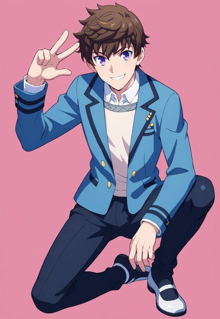 score_9, score_8_up, score_7_up, source_anime, front view, BREAK, ( ryusei_fudou, purple eyes, brown hair, best eyes, full body, looking at viewer, uniform, smiling, ) 1boy, male focus, solo, BREAK, blue paint splatter background,