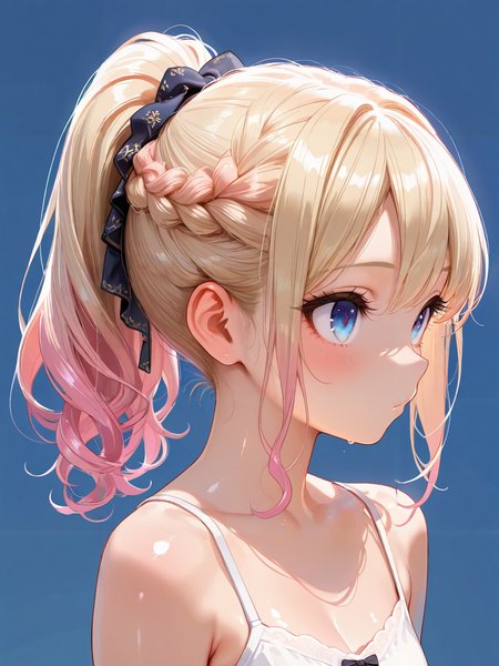 masterpiece,amazing quality,best quality,ultra-detailed,8K,illustration,CG,shiny hair,clear skin,ultra-detailed-eyes,simple background,cute girl, eyelashes <lora:braid ponytail_illustrious_V1.0:0.7> ponytail,braid