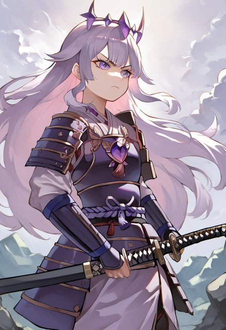score_9, score_8_up, score_7_up, hadrian, source_anime, 1girl, boulders in back ground, stones, pepples, <lora:ChamKosekiBijouPonyXL:0.8> KosekiBijou, long hair, hair flaps, floating headpiece,  <lora:samurai_armor_pony:1.1> samurai, purple clothes, holding katana, serious