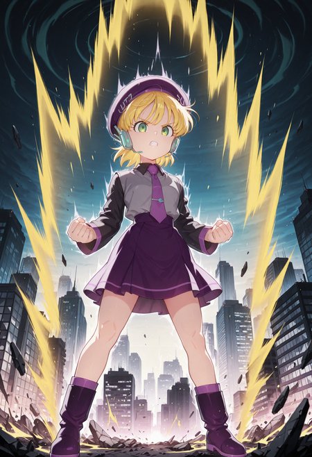 <lora:defoko_Illustrious_Mlaofmd-10:1.0>, <lora:superSayianAura_v2_Illustrious_Mlaofmd-10:1.0>, masterpiece, best quality, high quality, depth of field, ambient silhouette, backlighting, 1girl, defoko, yellow hair, purple beret, green eyes, grey headset, grey shirt, black sleeves, purple necktie, purple skirt, purple boots, city, night, debris, looking at viewer, serious, clenched teeth, clenched hands, fight stance, floating, supersaiyanaura, power, aura, sharp aura, yellow aura, from below, [:side view:0.3]