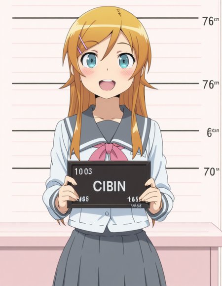 masterpiece, best quality, amazing quality,, <lora:kirino-kousaka-s2-illustriousxl-lora-nochekaiser:1>, kirino kousaka, long hair, blue eyes, hair ornament, hairclip, orange hair, aqua eyes, mature female, small breasts, anime screencap, skirt, school uniform, serafuku, shirt, white shirt, grey sailor collar, grey skirt, pleated skirt, neckerchief, pink neckerchief,, cubicle, desk, computer, partition, workspace, smile, barbie mugshot (meme) height mark, holding sign, nameplate, height chart, sign, meme, smile, open mouth, teeth, blush, cowboy shot, looking at viewer, solo,, cowboy shot, solo