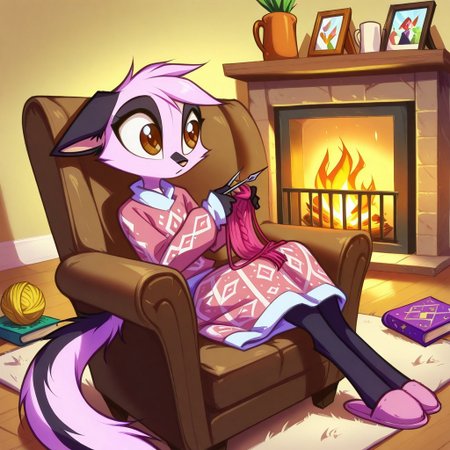 Dreamkeepers,1girl,Prelude_Vi,solo,furry,tail,source_furry,hazel eyes,
child, kid, 
knitting_needles, yarn_ball, blanket, armchair, fireplace, slippers, wool, pattern_book, A cozy evening by a crackling fireplace, someone curled up in an armchair, needles clicking as they knit rows of a soft blanket. Yarn roll slightly on the floor, a coffee mug steams on a side table, and a pattern book lies open nearby