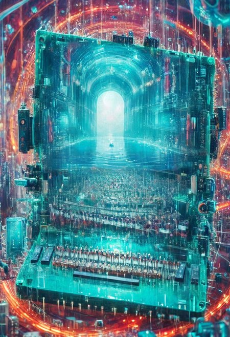 double exposure of opera diva Hatsune Miku with long floating aqua twintails singing high note merging with a printed circuit board of Yamaha electronics chip processor, <lora:DoubleExposure:1>, (head:1.8), <lora:The Phantom of the Opera style:1.5> The Phantom of the Opera style, <lora:loraeyesxl:0.4>