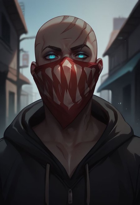 (((beautiful, hyper realistic, high quality))), score_9, score_8_up, score_7_up, solo, ((upper body)),
1boy, Pyke, dark skin, tatto, blue eyes, bald, scars, red mask with printed teeth, Black hoodie, rolled up sleeves, dark alley,
Dark background, blurred background,